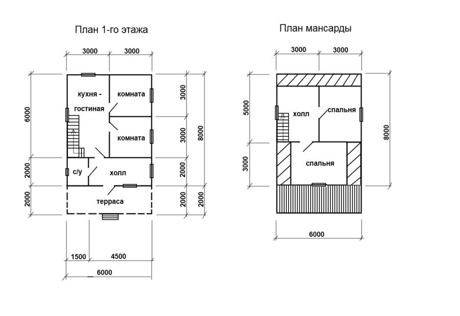 Дом из бруса 6 х 8 м с террасой