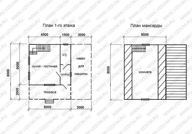 Дом из бруса 6 х 8 м с навесом